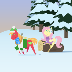 Size: 2160x2160 | Tagged: safe, anonymous artist, imported from derpibooru, big macintosh, fluttershy, earth pony, pegasus, pony, series:fm holidays, series:hearth's warming advent calendar 2022, advent calendar, big macintosh's yoke, christmas, clothes, cute, duo, earmuffs, eyes closed, female, fluttermac, hat, high res, holiday, horse collar, lineless, log, male, mare, pointy ponies, pulling, scarf, shipping, shyabetes, snow, stallion, straight, striped scarf, sweater, tree, winter, yule log