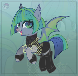 Size: 1280x1250 | Tagged: safe, artist:emperor-anri, imported from derpibooru, oc, oc only, bat pony, pony, bat pony oc, bat wings, boots, clothes, cute, cute little fangs, ear fluff, ear piercing, earring, eyelashes, eyeshadow, fangs, female, fishnet clothing, fishnets, flying, jewelry, makeup, mare, nose chain, nose piercing, piercing, shoes, slit pupils, smiling, socks, solo, straight hair, wing piercing, wings, zoom layer