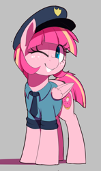 Size: 526x890 | Tagged: safe, artist:thebatfang, oc, oc only, oc:sweet serving, pegasus, pony, clothes, female, freckles, gray background, hat, mare, necktie, one eye closed, pegasus oc, police officer, police uniform, shirt, simple background, smiling at you, solo, wings, wink
