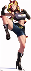 Size: 512x1152 | Tagged: safe, imported from derpibooru, sunset shimmer, human, equestria girls, boots, breasts, clothes, female, high heel boots, machine learning generated, martial arts, muay thai, muscles, novelai, platform boots, shoes, shorts, simple background, solo, stable diffusion, white background
