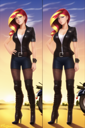 Size: 512x768 | Tagged: safe, imported from derpibooru, sunset shimmer, human, equestria girls, bicycle, biker jacket, boots, breasts, clothes, female, high heel boots, machine learning generated, novelai, shoes, shorts, solo, stable diffusion