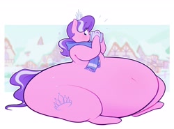 Size: 2700x2000 | Tagged: safe, artist:secretgoombaman12345, imported from derpibooru, diamond tiara, earth pony, pony, belly, belly button, big belly, chubby cheeks, chubby diamond, clothes, cup, fat, female, huge belly, impossibly large belly, jewelry, morbidly obese, obese, scarf, sitting, snow, solo, stretched cutie mark, tiara, winter