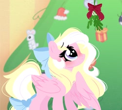 Size: 2048x1854 | Tagged: safe, artist:emberslament, imported from derpibooru, oc, oc:bay breeze, pegasus, pony, bow, christmas, christmas tree, hair bow, heart, heart eyes, holiday, mistletoe, solo, tail, tail bow, tree, wingding eyes