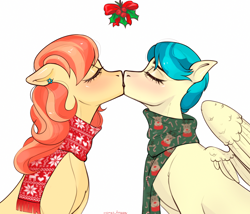 Size: 2100x1800 | Tagged: safe, artist:memes_froggay, imported from derpibooru, aunt holiday, auntie lofty, earth pony, pegasus, pony, canon ship, christmas, clothes, commission, duo, eyes closed, female, holiday, holly, holly mistaken for mistletoe, kiss on the lips, kissing, lesbian, lesbian couple, lofty day, scarf, shipping, simple background, white background, ych result