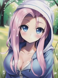 Size: 512x683 | Tagged: safe, editor:sammykun, imported from derpibooru, fluttershy, human, ai content, ai generated, beautiful, big breasts, breasts, bust, busty fluttershy, forest background, generator:novelai, generator:stable diffusion, humanized, looking at you, solo