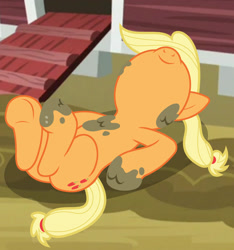 Size: 1280x1366 | Tagged: safe, artist:loladreamteam, imported from derpibooru, applejack, pony, butt, female, lying down, mare, mud, muddy, on back, plot, smiling, solo, sweet apple acres