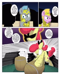 Size: 3000x3700 | Tagged: safe, artist:begoliah, imported from derpibooru, apple bloom, oc, earth pony, unicorn, comic:crusaders, comic, female, innuendo, male, royal guard