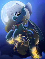 Size: 1900x2500 | Tagged: safe, artist:starcasteclipse, imported from derpibooru, oc, oc only, bat pony, pony, commission, flying, glowing, glowing hooves, harness, jingle bells, moon, smiling, solo, tack, ych result