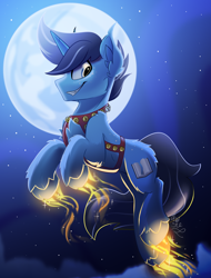 Size: 1900x2500 | Tagged: safe, artist:starcasteclipse, imported from derpibooru, oc, oc only, pony, unicorn, commission, flying, glowing, glowing hooves, harness, jingle bells, moon, smiling, solo, tack, ych result