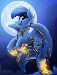 Size: 1900x2500 | Tagged: safe, artist:starcasteclipse, imported from derpibooru, oc, oc only, pegasus, pony, commission, flying, glowing, glowing hooves, harness, jingle bells, moon, smiling, solo, tack, ych result