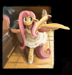 Size: 813x849 | Tagged: safe, artist:coypuppy, imported from derpibooru, fluttershy, pegasus, pony, ballerina, black background, clothes, colored hooves, cute, dress, female, fine art parody, flutterina, g4, mare, shyabetes, signature, simple background, solo