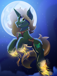 Size: 1900x2500 | Tagged: safe, artist:starcasteclipse, imported from derpibooru, oc, oc only, pony, unicorn, commission, flying, glowing, glowing hooves, harness, jingle bells, moon, smiling, solo, tack, ych result