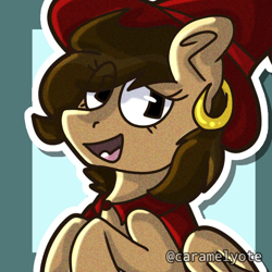 Size: 768x768 | Tagged: safe, artist:rexsplayhouse, imported from derpibooru, oc, oc only, oc:hazelnut brew, pegasus, pony, ear piercing, female, happy, hat, looking at you, mare, piercing, solo, witch, witch hat