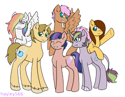 Size: 2836x2203 | Tagged: safe, artist:hayley566, imported from derpibooru, oc, oc only, oc:aurora mist, oc:feather shield, oc:homity pie, oc:jupiter apple, oc:stardust trailblazer, oc:tough diamond, dracony, earth pony, hybrid, pegasus, pony, unicorn, commission, female, grin, group, hair over one eye, interspecies offspring, male, mare, multicolored hair, next generation, offspring, parent:applejack, parent:cheese sandwich, parent:donut joe, parent:double diamond, parent:flash sentry, parent:fluttershy, parent:pinkie pie, parent:rainbow dash, parent:rarity, parent:spearhead, parent:spike, parent:twilight sparkle, parents:applejoe, parents:cheesepie, parents:doubledash, parents:flashlight, parents:sparity, parents:spearshy, rainbow hair, signature, simple background, smiling, stallion, transparent background