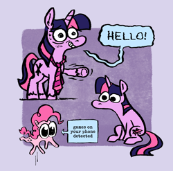 Size: 1878x1854 | Tagged: safe, artist:horsewizardart, imported from derpibooru, pinkie pie, twilight sparkle, earth pony, pony, unicorn, dialogue, grin, necktie, nervous, nervous grin, sitting, smiling, speech bubble, text box, unicorn twilight, wtf, you got games on your phone