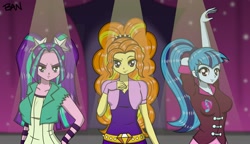 Size: 2887x1660 | Tagged: safe, artist:banquo0, imported from derpibooru, adagio dazzle, aria blaze, sonata dusk, human, equestria girls, arm behind head, belt, clothes, eyebrows, female, fingerless gloves, frown, gloves, pigtails, ponytail, raised arm, raised eyebrow, shirt, smiling, stage, the dazzlings, trio, twintails