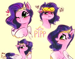 Size: 1368x1074 | Tagged: safe, artist:petaltwinkle, imported from derpibooru, pipp petals, pegasus, pony, adorapipp, cellphone, cute, female, g5, heart, mare, one eye closed, open mouth, open smile, phone, pipp petals is not amused, simple background, sleep mask, smartphone, smiling, solo, unamused, wink, yellow background