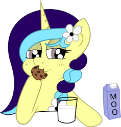 Size: 1942x2048 | Tagged: safe, artist:pingmader, imported from derpibooru, oc, oc only, oc:cinnamon string, pony, unicorn, bedroom eyes, braid, cookie, eating, female, flower, flower in hair, food, glass, glass of milk, horn, mare, milk, ponysona, simple background, solo, transparent background, two toned mane, unicorn oc