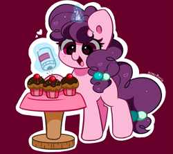 Size: 4421x3928 | Tagged: safe, artist:kittyrosie, imported from derpibooru, sugar belle, pony, unicorn, cupcake, cute, food, glowing, glowing horn, heart, heart eyes, horn, magic, open mouth, open smile, outline, simple background, smiling, solo, sprinkles, sugarbetes, telekinesis, white outline, wingding eyes