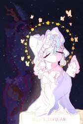 Size: 1280x1920 | Tagged: safe, artist:i-am-cholera, imported from derpibooru, discord, fluttershy, pegasus, female, flower, implied death, implied discoshy, implied shipping, implied straight, male, not cozy glow, red eyes, solo, stars, statue