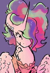 Size: 1280x1836 | Tagged: safe, artist:i-am-cholera, imported from derpibooru, princess celestia, alicorn, pony, clothes, ear piercing, hair over one eye, piercing, short mane, simple background, solo, tattoo