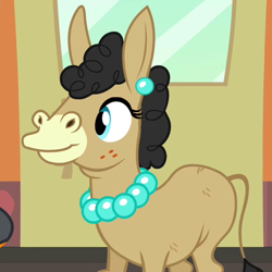 Size: 475x475 | Tagged: safe, imported from derpibooru, screencap, mulia mild, hybrid, mule, mmmystery on the friendship express, cropped, jewelry, necklace, pearl earring, pearl necklace, solo, thumbnail