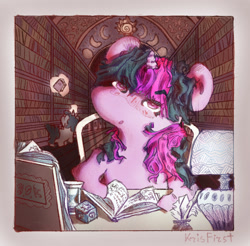 Size: 1121x1103 | Tagged: safe, artist:i-am-cholera, imported from derpibooru, twilight sparkle, pony, unicorn, book, colored, female, hourglass, inkwell, library, quill, solo, studying, unicorn twilight