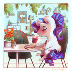 Size: 1121x1103 | Tagged: safe, artist:i-am-cholera, imported from derpibooru, rarity, cat, pony, unicorn, cat tree, chair, colored, drink, potted plant, solo, table