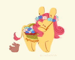 Size: 2048x1658 | Tagged: safe, artist:i-am-cholera, imported from derpibooru, fluttershy, donkey, rabbit, animal, donkified, duo, floral head wreath, flower, looking at each other, looking at someone, simple background, yellow background