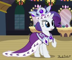 Size: 1280x1070 | Tagged: safe, artist:thunderdasher07, imported from derpibooru, princess platinum, rarity, pony, unicorn, hearth's warming eve (episode), backstage, bell, clothes, costume, crown, decoration, descriptive noise, diaper, diaper fetish, dress, eyeshadow, fetish, hearth's warming eve, jewelry, makeup, mirror, non-baby in diaper, regalia, show accurate, solo, wreath