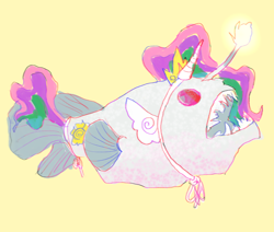 Size: 1280x1083 | Tagged: safe, artist:i-am-cholera, imported from derpibooru, princess celestia, angler fish, fish, fishified, simple background, solo, species swap, yellow background