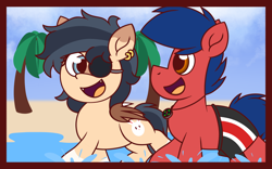 Size: 1920x1200 | Tagged: safe, artist:thebadbadger, imported from derpibooru, oc, oc only, oc:lunxeri, oc:phire demon, bat pony, pony, beach, clothes, duo, palm tree, swimsuit, tree