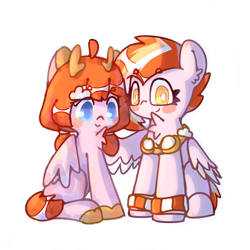 Size: 3543x3543 | Tagged: safe, artist:cro, imported from derpibooru, oc, oc only, oc:cloudling orangedrop, pegasus, pony, derpibooru community collaboration, 2023 community collab, chest fluff, duo, goggles, looking at you, simple background, sitting, smiling, transparent background