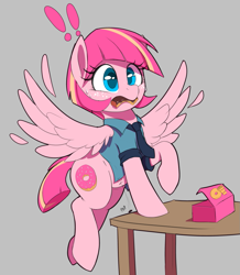 Size: 815x935 | Tagged: safe, artist:thebatfang, imported from derpibooru, oc, oc only, oc:sweet serving, pegasus, pony, belly, belly button, box, button popping, clothes, donut, eating, exclamation point, feather, flying, food, freckles, necktie, pegasus oc, police officer, police uniform, shirt, solo, stuffed belly, table, wardrobe malfunction, weight gain, wings