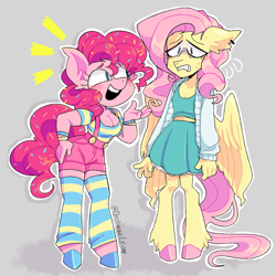 Size: 1280x1280 | Tagged: safe, artist:clockwiseleon, imported from derpibooru, fluttershy, pinkie pie, anthro, earth pony, pegasus, unguligrade anthro, breast envy, breasts, busty pinkie pie, cleavage, clothes, colored hooves, dress, duo, emanata, female, gray background, hand on hip, leg warmers, mare, overall shorts, overalls, simple background, sweat