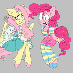 Size: 1280x1280 | Tagged: safe, artist:clockwiseleon, imported from derpibooru, fluttershy, pinkie pie, anthro, earth pony, pegasus, unguligrade anthro, breasts, busty pinkie pie, cleavage, clothes, dress, duo, female, gray background, leg warmers, looking at you, mare, shirt, shorts, simple background, smiling, smiling at you, striped shirt, suspenders