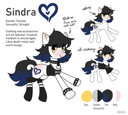 Size: 5587x5000 | Tagged: safe, artist:neoncel, imported from derpibooru, oc, oc only, oc:sindra, earth pony, pony, choker, clothes, earth pony oc, gradient hair, gradient mane, gradient tail, reference sheet, shirt, simple background, socks, solo, spiked choker, spiked wristband, t-shirt, tail, white background, wristband, yellow eyes