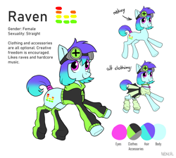 Size: 5587x5000 | Tagged: safe, artist:neoncel, imported from derpibooru, oc, oc only, oc:raven mcchippy, earth pony, pony, clothes, earth pony oc, goggles, gradient hair, gradient mane, gradient tail, hoodie, leg warmers, legwear, magenta eyes, reference sheet, simple background, skirt, socks, solo, tail, white background