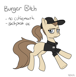 Size: 4316x4361 | Tagged: safe, artist:neoncel, imported from derpibooru, oc, oc only, oc:burger bitch, earth pony, pony, bags under eyes, blank flank, blue eyes, earth pony oc, missing cutie mark, ponytail, reference sheet, shitposting, simple background, solo, vulgar, white background