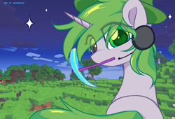 Size: 1877x1280 | Tagged: safe, artist:memengla, imported from derpibooru, oc, oc only, pony, unicorn, eye clipping through hair, headset, minecraft, mouth hold, pickaxe, solo