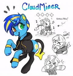 Size: 3865x4032 | Tagged: safe, artist:opalacorn, imported from derpibooru, oc, oc only, oc:cloud miner, pony, clothes, dance dance revolution, heterochromia, hoodie, open mouth, open smile, simple background, smiling, solo, white background