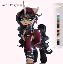 Size: 2800x2840 | Tagged: safe, artist:opal_radiance, imported from derpibooru, oc, oc only, oc:force fortune, pony, unicorn, adoptable, auction, belt, boots, clothes, ear piercing, eye scar, eyebrows, facial scar, female, high res, horn, horn ring, lipstick, looking down, mare, piercing, pirate, ring, scar, shadow, shoes, signature, simple background, smiling, solo, unicorn oc, uniform, white background