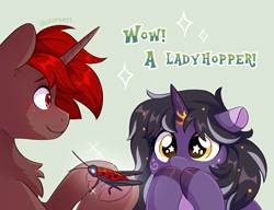 Size: 2370x1820 | Tagged: safe, artist:skysorbett, imported from derpibooru, oc, oc only, oc:hardy, oc:rivibaes, alicorn, insect, ladybug, pony, unicorn, alicorn oc, covering mouth, duo, excited, female, grasshopper, horn, ladyhopper, male, mare, sparkly eyes, stallion, starry eyes, unicorn oc, wingding eyes, wings