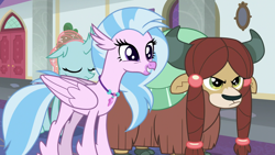 Size: 1920x1080 | Tagged: safe, imported from derpibooru, screencap, ocellus, silverstream, yona, changedling, changeling, hippogriff, yak, school daze, season 8, spoiler:s08, 1080p, angry, cloven hooves, cute, diastreamies, eyes closed, female, floppy ears, friendship student, jewelry, madorable, necklace, silverstream is amused, trio, trio female, unamused, varying degrees of amusement, varying degrees of want, yona is not amused, yonadorable