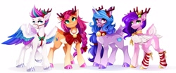 Size: 2560x1067 | Tagged: safe, artist:buvanybu, imported from derpibooru, izzy moonbow, pipp petals, sunny starscout, zipp storm, deer, deer pony, original species, peryton, pony, reindeer, unicorn, :p, adorapipp, adorazipp, antlers, aside glance, bandaid, bandaid on nose, bell, bell collar, bridle, butt, clothes, cloven hooves, collar, colored ear fluff, colored hooves, cute, deer tail, deerified, doe, ear fluff, elbow fluff, female, folded wings, g5, gold hooves, gradient background, halter, high res, hock fluff, hooves, leg warmers, long mane, looking at you, looking back, looking back at you, mare, neck ribbon, open mouth, open smile, pale belly, pipp butt, plot, raised leg, reindeer antlers, reindeerified, royal sisters (g5), siblings, simple background, sisters, slim, smiling, smiling at you, species swap, spread wings, standing, striped leg warmers, sunnybetes, tack, tail, tongue out, turned head, unshorn fetlocks, white background, wings