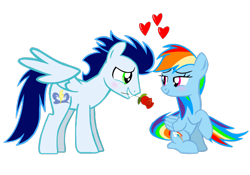 Size: 3464x2426 | Tagged: safe, artist:mlplary6, imported from derpibooru, rainbow dash, soarin', pegasus, pony, blushing, female, flower, heart, looking at each other, looking at someone, male, mare, rose, shipping, simple background, sitting, smiling, smiling at each other, soarindash, stallion, straight, transparent background, vector