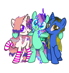 Size: 906x952 | Tagged: safe, artist:lavaghast, imported from derpibooru, oc, oc only, oc:buttery-doo, oc:dark blaze, oc:lolu heart, pegasus, pony, unicorn, derpibooru community collaboration, 2023 community collab, clothes, simple background, socks, striped socks, transparent background, trio