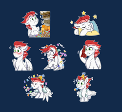 Size: 2114x1949 | Tagged: safe, artist:rutkotka, imported from derpibooru, oc, oc only, oc:swift apex, pegasus, pony, blushing, commission, confetti, customized toy, cute, flustered, food, hat, male, meme, nervous, party, party hat, party horn, pegasus oc, simple background, sleeping, sleepy, smiling, solo, stallion, stallion oc, sticker, sweat, toy, ych result, your character here