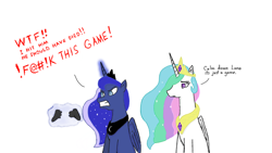 Size: 1136x640 | Tagged: safe, artist:nismorose, imported from derpibooru, princess celestia, princess luna, alicorn, pony, gamer luna, angry, angry eyes, broken, controller, crown, done with your shit, duo, duo female, ethereal mane, female, glowing, glowing horn, horn, jewelry, levitation, magic, magic aura, mare, rage, rage quit, regalia, siblings, simple background, sisters, sitting, sparkly mane, speech, talking, telekinesis, text, white background, wings