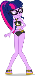 Size: 2110x4627 | Tagged: safe, alternate version, artist:dustinwatsongkx, imported from derpibooru, sci-twi, twilight sparkle, human, equestria girls, equestria girls series, accessory swap, bare shoulders, bikini, bikini bottom, clothes, clothes swap, feet, female, glasses, sandals, simple background, sleeveless, solo, sunset shimmer swimsuit, sunset shimmer's beach shorts swimsuit, swimsuit, swimsuit swap, transparent background, vector